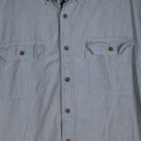 Carhartt Button Down Shirt Men M Blue Chambray Short Sleeve Hiking Relaxed Fit - Picture 3 of 8